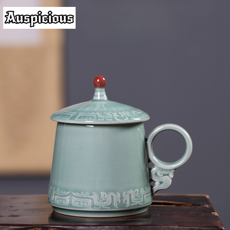 Celadon Ceramic Cup - 395ml Longquan Celadon Brons Patroon Koffiemok