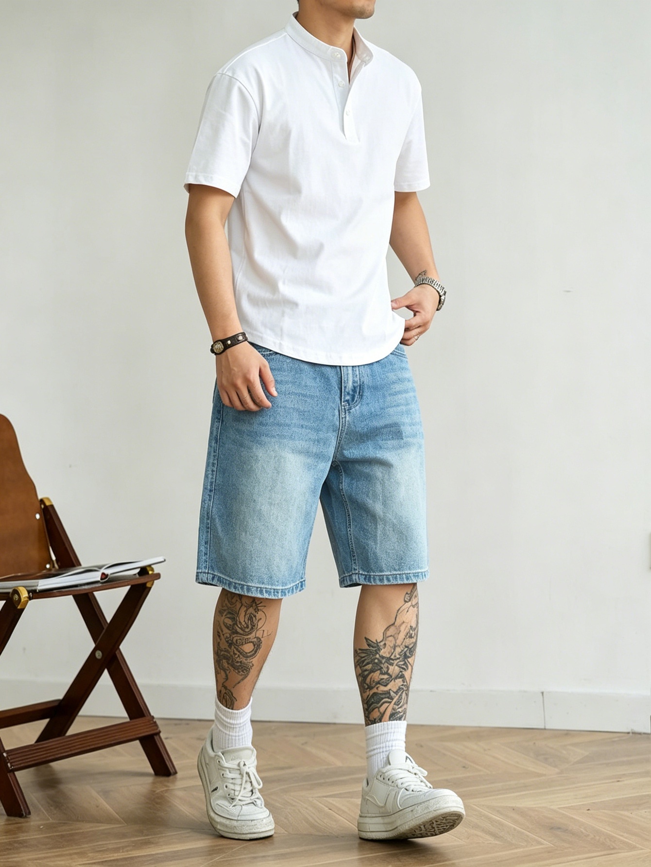 Korean Daily Lifestyle - Losjes vallende blauwe denim jorts zonder